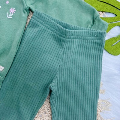 Conj. Casaco Floral de Moletom com Babadinhos e Calça Ribana Flare - Verde
